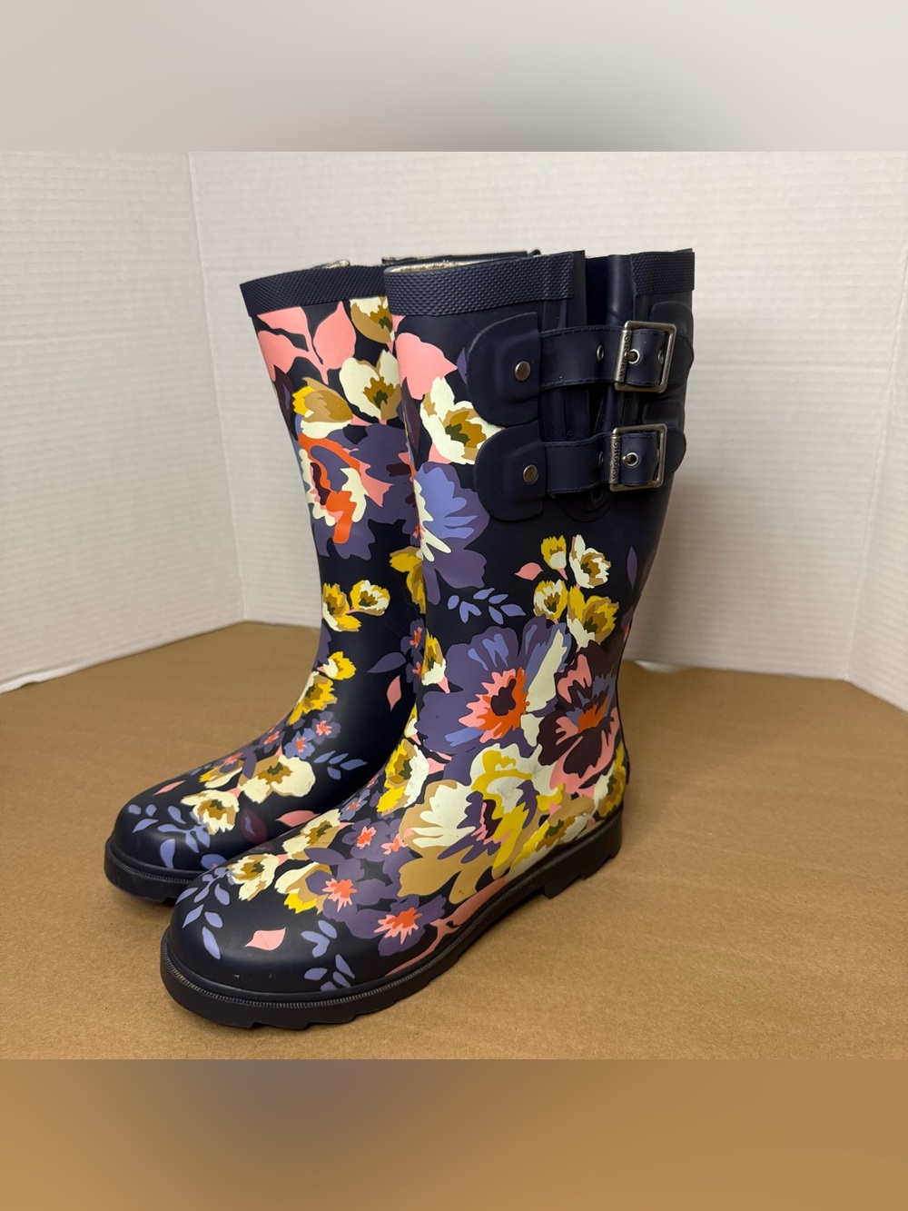 chooka Navy Multicolor Floral Waterproof Rain Boots with Dual Buckles